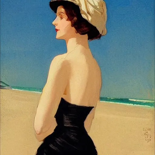 Image similar to woman in black dress on the beach, leyendecker style,