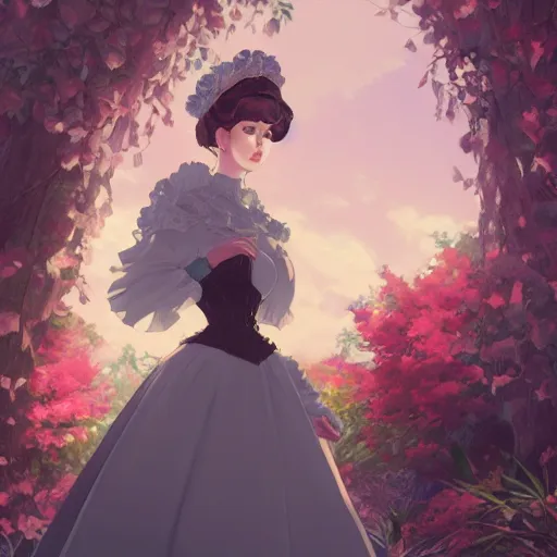 Image similar to a beautiful woman in victorian era fashion, royal garden landscape, 4k, anime key visual, lois van baarle, ilya kuvshinov, rossdraws, artstation