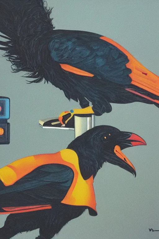 Image similar to a raven investigating 8 0 s era technology, vintage shapes, retro technology, happy color, wayne barlow, oil on canvas, deep depth of field, masterpiece, cinematic composition, hyperdetailed