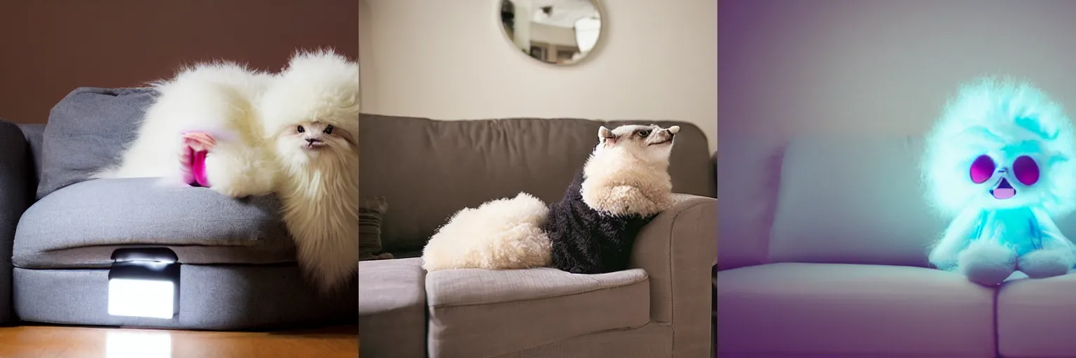 Prompt: <photo description='fluffy happy' feeling='joy' origin='alien' hd dslr>otherwordly entity sits on couch</photo>