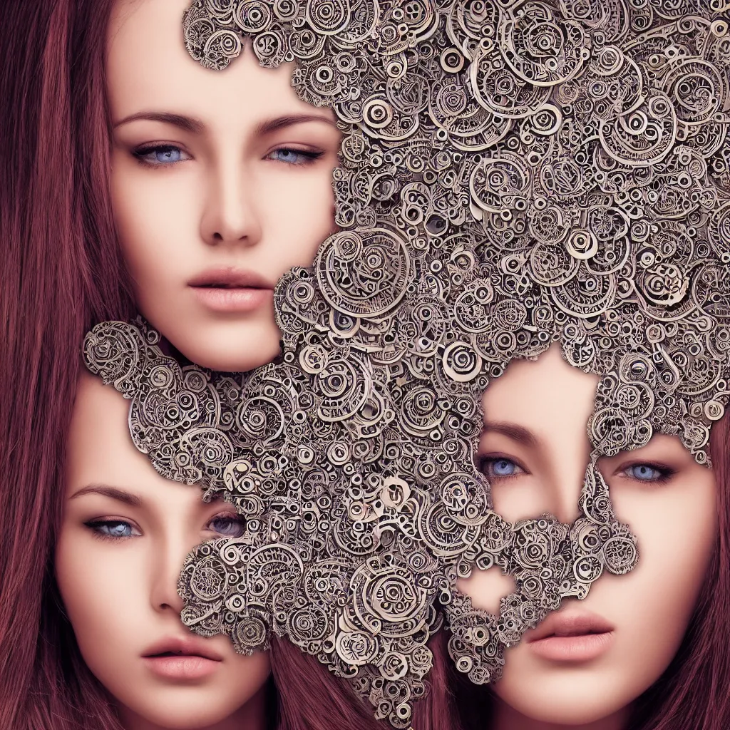 Prompt: 8 5 mm, beautiful frontal face portrait of a woman, euphoric expression, inspirational, 1 5 0 mm, mechanical skin, paisleys, mandelbrot fractal hair, robot eyes, symmetric, intricate, highly detailed,