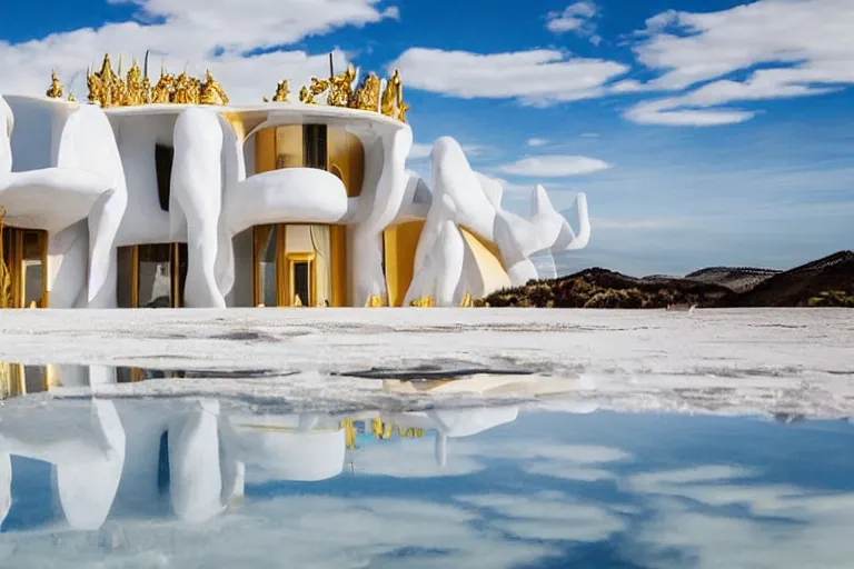 Image similar to close-up shot of modern chic futuristic royalty house with gold intricate details, luxury, white and little royal blue Italian architecture theme, high-end party with beautiful women wearing fancy dresses, lush garden, constructed upon Salar De Uyuni, beautiful formations on the surface of salt crystallization, between sedimentary deposits, bubbling geysers, marvellous reflection of the sky, intricate, interstellar night, luxurious, digital painting, concept art, smooth, sharp focus, from Star Trek 2021, illustration, by WLOP and Ruan Jia and Mandy Jurgens and William-Adolphe Bouguereau, Artgerm