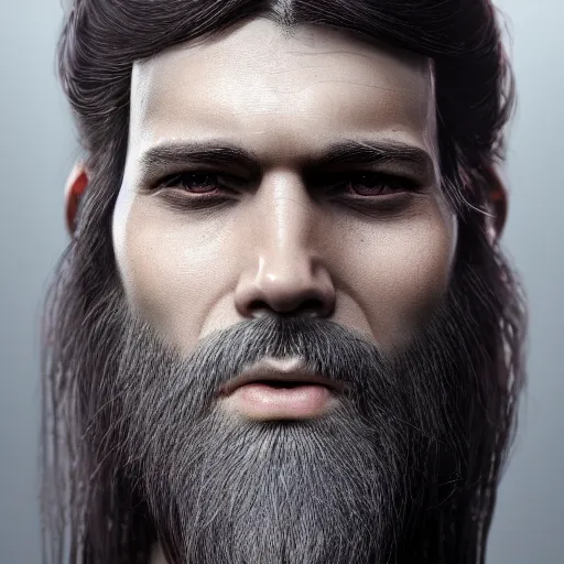 Image similar to a highly detailed portrait of a man without a beard, purple eyes, light gray long hair, wearing a black cloak, artstation, DeviantArt, professional, octane render