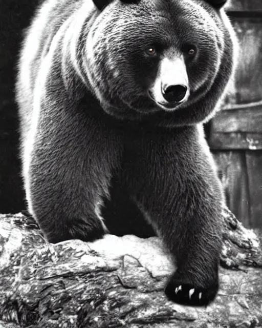 Image similar to a fantastic animal, a mix of a bear and a cat, with purple fur, realistic photo, 1970s