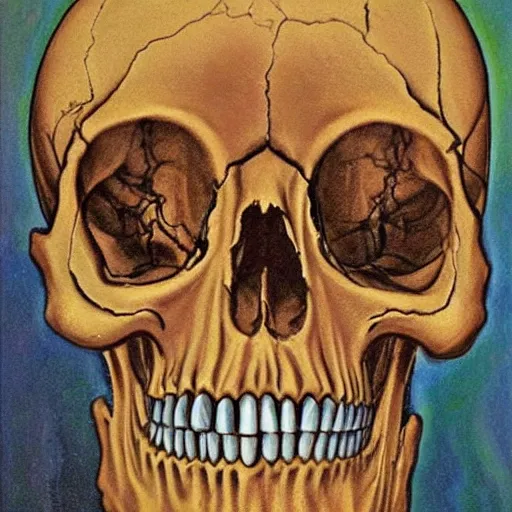 Image similar to A beautiful experimental art of a skull that is part organic, part mechanic. It is an accurate representation of how the artist sees the world. by Peter Howson, by Ferdinand Hodler exciting, unnerving