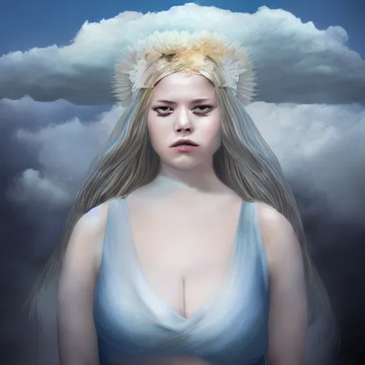 Image similar to goddess wearing a cloud fashion on the clouds, photoshop, colossal, creative, albino skin, giant, digital art, photo manipulation, clouds, covered in clouds, girl clouds, on clouds, covered by clouds, a mini airplane flying, white hair, digital painting, artstation, deviantart