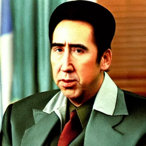 Image similar to Nicholas Cage as Mao Zedong, leader of China. He is dressed with a Superman suit, and is in a conference with Soviet Leaders in Siberia.