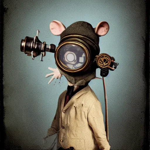 Image similar to a rat with steampunk googles, by gregory crewdson