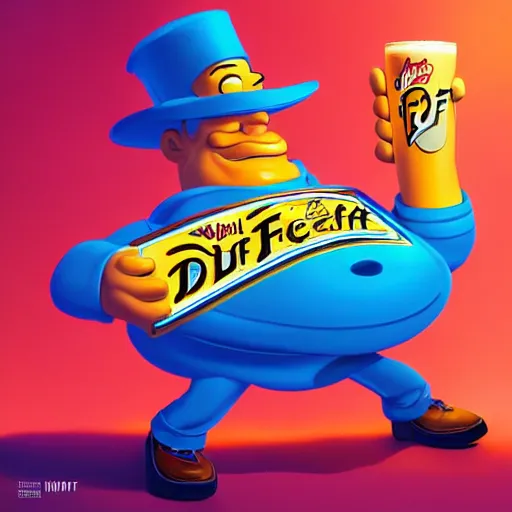 Image similar to Duff beer, marketing, product design, vivid colors, elegant, concept art, sharp focus, digital art, Hyper-realistic, 4K, Unreal Engine, Highly Detailed, HD, Dramatic Lighting by Brom, golden hour, trending on Artstation