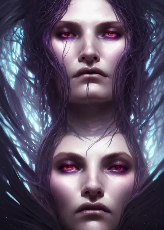 Image similar to Necromancer Sorceress face close-up macro in center, fantasy magic, undercut hairstyle, dark light night, intricate, elegant, sharp focus, illustration, highly detailed, digital painting, concept art, matte, art by WLOP and Artgerm and Greg Rutkowski and Alphonse Mucha, masterpiece