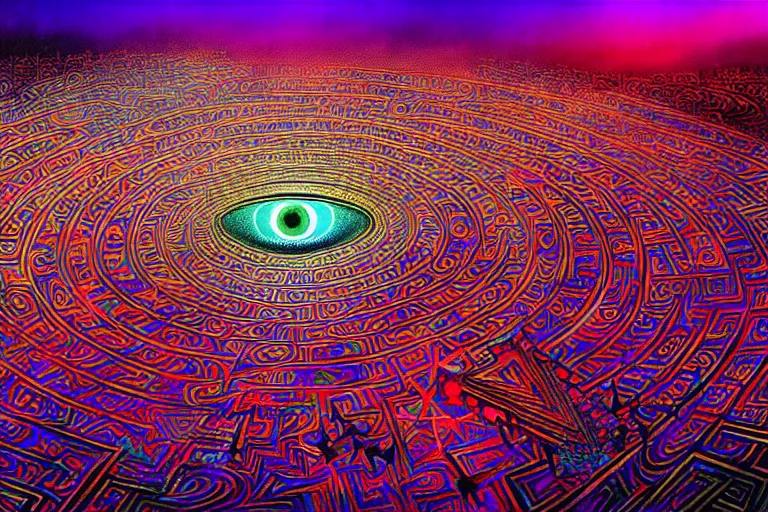 Prompt: An extremely psychedelic abstract illustration of an all seeing eye shaped labyrinth maze , colorful, surreal, dramatic lighting, magic mushrooms, psilocybin, LSD, detailed, intricate, elegant, highly detailed, digital painting, artstation, concept art, smooth, sharp focus, illustration, art by Krenz Cushart, greg rutkowski and zdzislaw beksinski and alphonse mucha, unreal engine 5 render, 8k