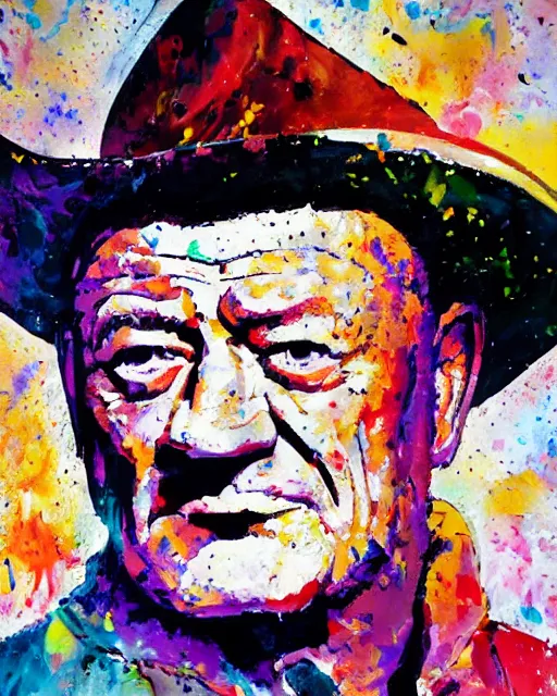 Prompt: abstracted John Wayne painted in extremely thick, glistening impasto splatter paint, in muted colors, in impressionist styles