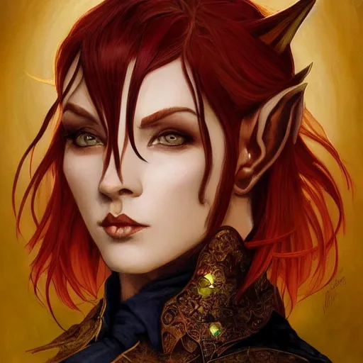 Prompt: dnd character portrait of a beautiful and androgynous half - elf with messy short red hair and catlike features and almond skin tone and yellow eyes with slit pupils, golden hour, wearing a colorful men's suit, realistic painting by ross tran and tasha beckwith and gerald brom and alphonse mucha, trending on artstation