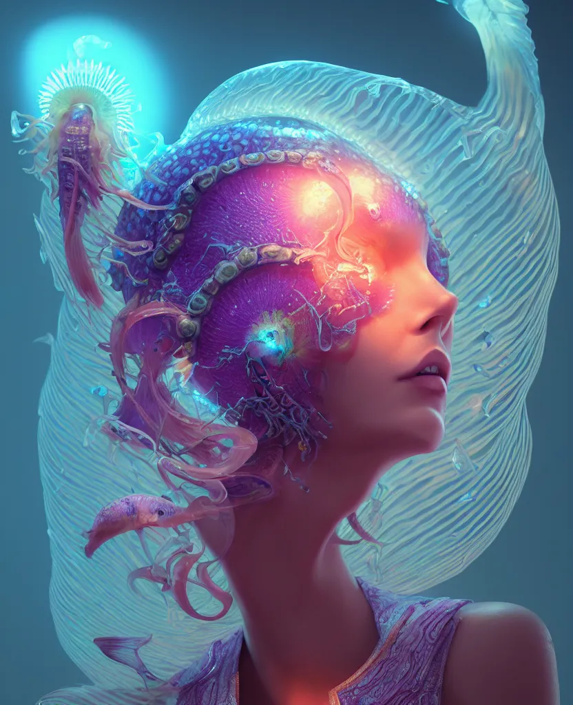 Image similar to goddess close-up portrait. orchid jellyfish phoenix head, nautilus, skull, betta fish, bioluminiscent creatures, intricate artwork by Tooth Wu and wlop and beeple. octane render, trending on artstation, greg rutkowski very coherent symmetrical artwork. cinematic, hyper realism, high detail, octane render, 8k