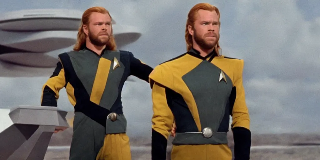 Image similar to Thor, in starfleet uniform, in the role of Captain Kirk in a scene from Star Trek the original series