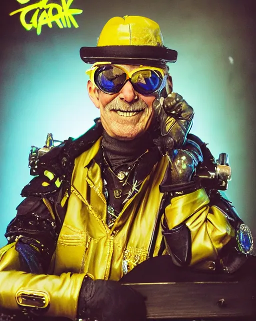 Prompt: an intimate portrait of a gnarly human cyberpunk captain, old skin, faded hat, charming, strong leader, sunglasses, reflective, a look of cunning, big smile, detailed matte fantasy painting, the night war rages behind him, lasers, chains, sparks, yellow and blue and cyan