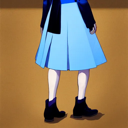 Image similar to low - angle shot from behind of a girl with light blue straight hair in a blue tailcoat, combat boots, noir, sharp focus, intricate, illustration, cell shaded, color block, digital painting, highly detailed, art by frank frazzeta, studio quality, makoto shinkai, james jean