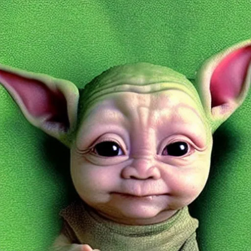 Prompt: a tiny pigmy baby yoda-Shrek Shrek Shrek hybrid in the palm of a person's hand, super cute