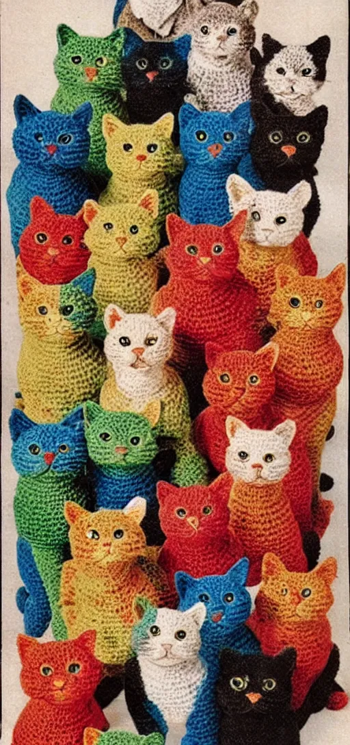 Prompt: multicolored crocheted cats, 1 9 4 0 s catalogue photo,