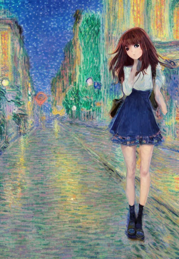 Image similar to wide angle portrait of a teenage girl, a thrifty outfit, somewhat of an anime in impressionist style, city street view background, starlit night sky, trending artwork, illustrated in anime painter studio, by claude monet