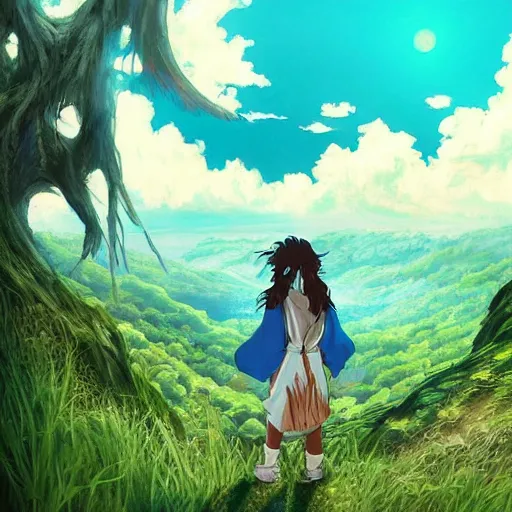 Image similar to “Zendaya, Mononoke-hime style, cartoon, blue sky with white clouds green hills and mountains on the background, fantasy, photorealistic, concept Art, ultra detailed portrait, 4k resolution”