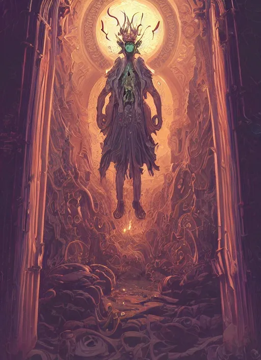 Image similar to intricate rendered portrait of Hades the god of the dead standing by an ornate door by Peter mohrbacher and Dan mumford and beeple, trending on cgsociety, inctricate door, flames, hell