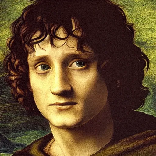 Image similar to frodo baggins in the shire In the style of leonardo da Vinci, detailed 4k photograph