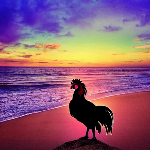 Prompt: a photo of a rooster standing on a unicorn at the beach, detailed, vibrant, magical, realism, rainbow, sunset, clear, 8k, hd, award winning image