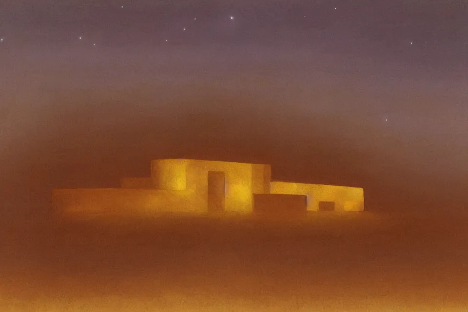Image similar to sci fi atmospheric landscape painting of architecture design of a seashell shaped house in the middle of the desert at night, painted by john harris and moebius