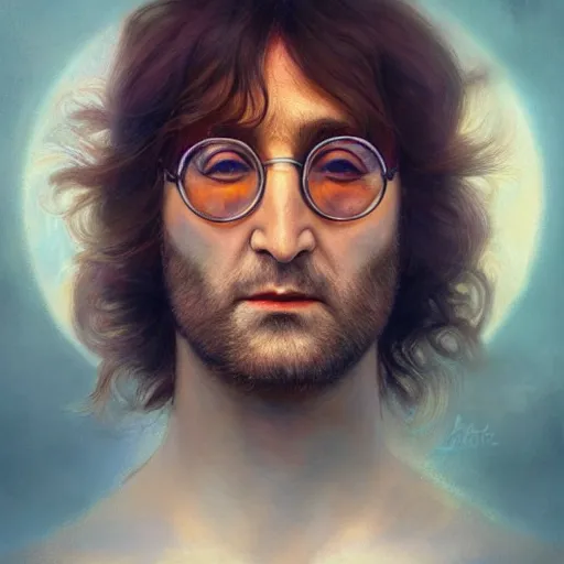 Image similar to Beautiful face Portrait of John Lennon, powerful magic, thunders, dramatic lighting, intricate, wild, highly detailed, digital painting, artstation, concept art, smooth, sharp focus, illustration, art by artgerm and greg rutkowski and alphonse mucha, footage from space camera