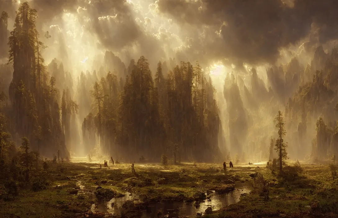 Image similar to albert bierstadt, greg rutkowski, james gurney, dancing angels in phantastic landscape, hyperreal phantastic, intricate details in environment, meeting point, luminance, golden ratio, high aestehtic, cinematic light, dramatic light, godrays, distance, clear atmosphere, photobash, wideangle, bierstadt, hyperreal 4 k