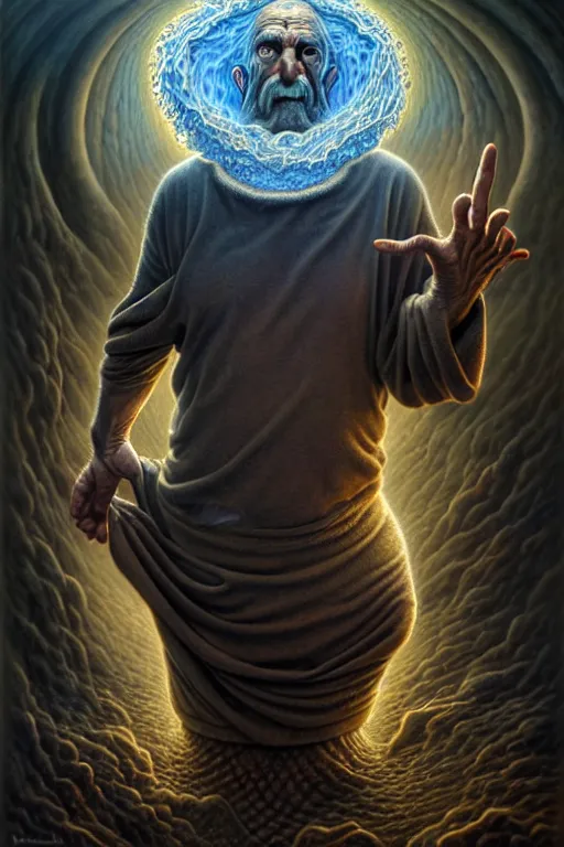 Prompt: Retirement Man, tarot card, by tomasz alen kopera and Justin Gerard, ancient old man, bent over, defeated, penetrating eyes, symmetrical features, ominous, magical realism, texture, intricate, ornate, royally decorated, whirling blue smoke, embers, radiant colors, fantasy, trending on artstation, volumetric lighting, micro details, 3d sculpture, ray tracing, 8k, anaglyph effect