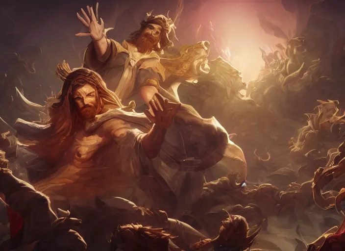 Prompt: jesus christ character concept art, digital illustration, trending on artstation, intricate details, epic composition, sharp focus, 8 k uhd, masterpiece, league of legends splash art