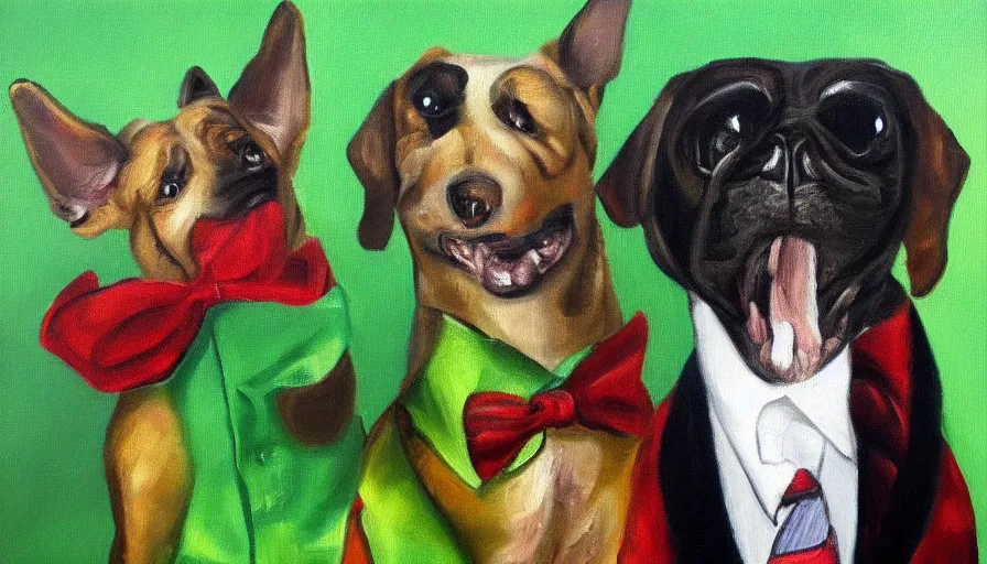 Image similar to a crazy dog in a suit, oil painting