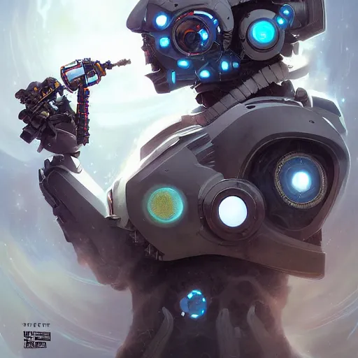 Prompt: portrait of cyber mecha shaman merged with hydron collider by tom bagshaw