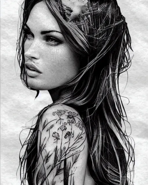 Image similar to creative double exposure effect tattoo design sketch of megan fox faded in beautiful mountain scenery, realism tattoo, in the style of matteo pasqualin, amazing detail, sharp