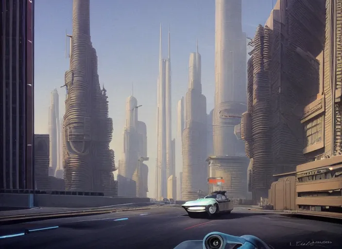 Image similar to a car driving down a street next to tall buildings, cyberpunk art by Chesley Bonestell, cgsociety, retrofuturism, matte painting, reimagined by industrial light and magic