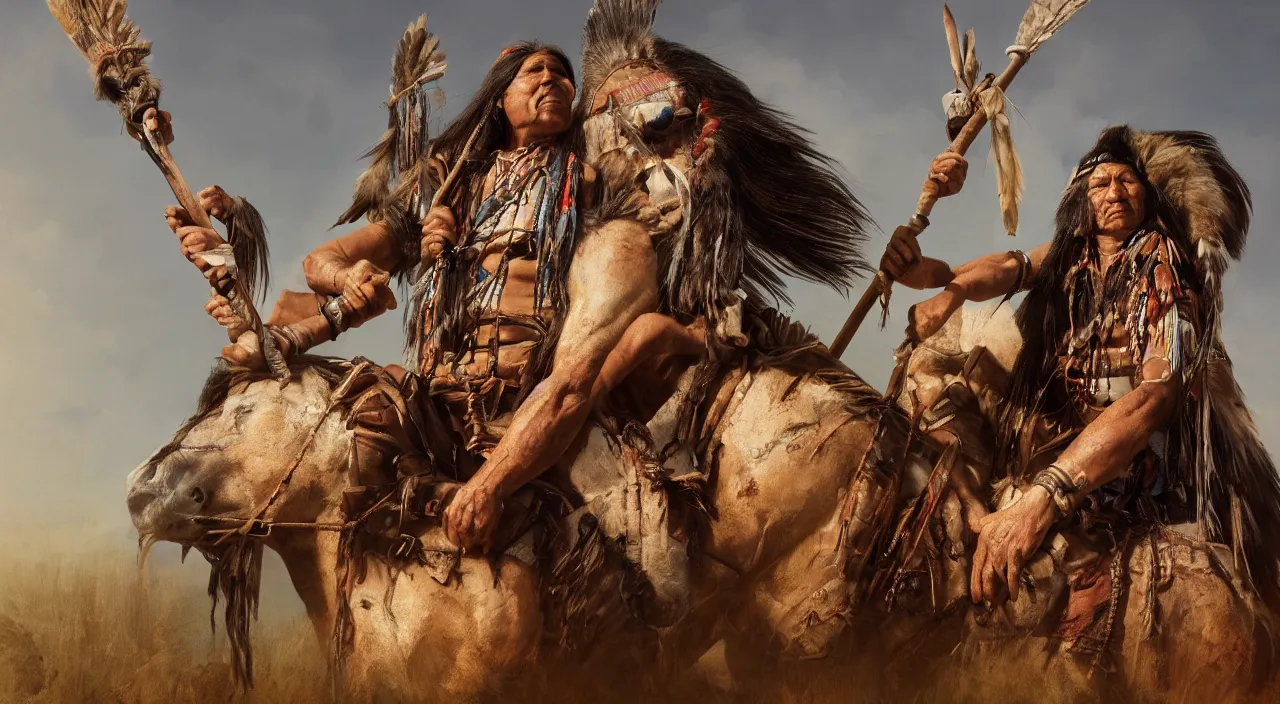 Prompt: a native american chief holding a spear while sitting on a war horse in the style of greg overton, hyperdetailed, hyperrealism, octane render, golden ratio, 4 k,