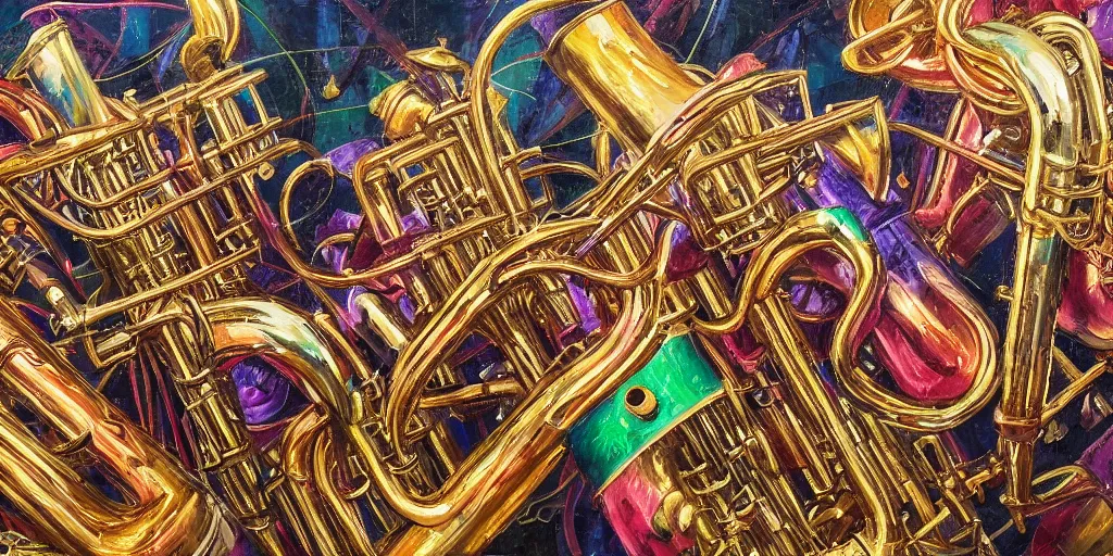 Prompt: an ultra detailed oil painting where the brass section of a symphony is interpreted by accompanying paint strokes, hyper - detailed, structured, grid, sheet music, pops of triadic colors