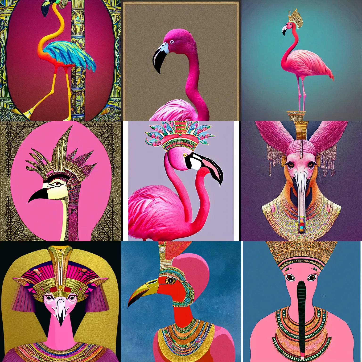 Prompt: a pink flamingo, wearing an egyptian crown, atef, highly intricate, egyptian clothing, award winning art, trending on artstation, by salvador dali