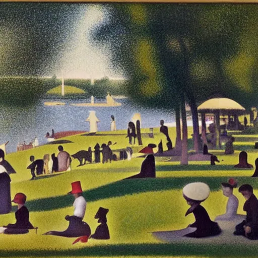 Image similar to summer, zoo, victorian, lake, group, people, beautiful, Georges Seurat