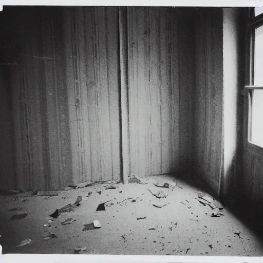 Prompt: Photograph of an abandoned 1940s bedroom with the woman from Kojima’s PT, dark, no lights, moist, taken using a film camera with 35mm expired film, bright camera flash enabled, award winning photograph, creepy, liminal space