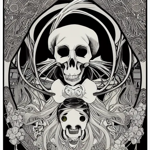 Image similar to anime manga skull portrait apes monkey skeleton illustration detailed style by Alphonse Mucha Moebius pop art nouveau