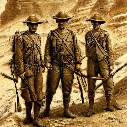 Prompt: ultra detailed photorealistic sepia - toned painting from 1 9 1 7, three british soldiers standing at an archaeological dig site in wadi rum, ultra realistic, painted, intricate details, epic, lovecraft, atmospheric, dark, horror, brooding, highly detailed, by dave dorman