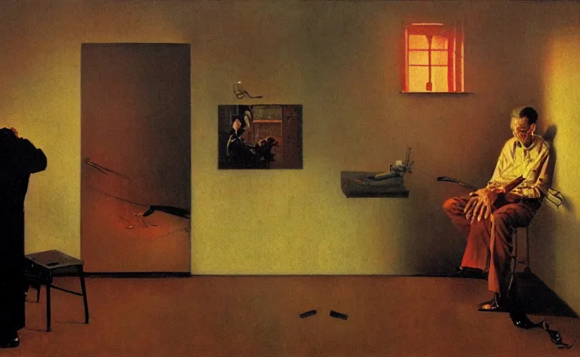 Prompt: a thin man screams at a telephone beside a sofa in a dark kitchen lit by a single bulb, painted by rick berry and norman rockwell and zdzislaw beksinski, highly detailed
