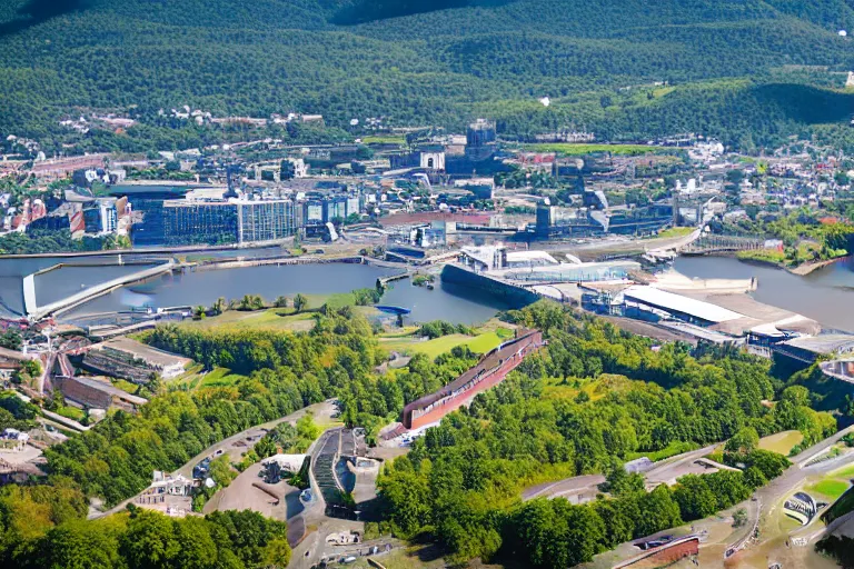 Image similar to bird's eye view photography of a small city. town hall, central farm, monorail station, inlet and shipping dock. hills, woods and pond to the north.