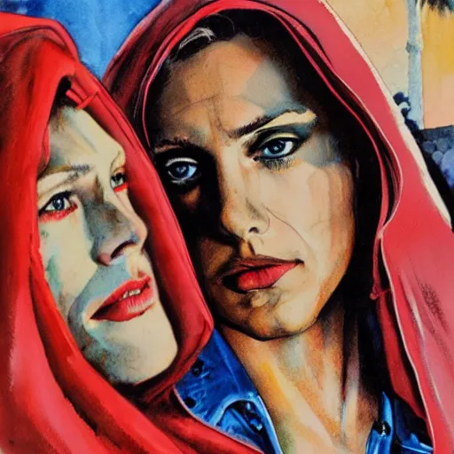 Prompt: photorealistic picture, by bob peak and alex ross and john romita jr, red riding hood lost in miami, gouache and wash paints, fine details, fine intricate, fine facial proportionate, fine body proportionate, smooth focus, sharp details, bokeh, 4 k, fine 5 k details