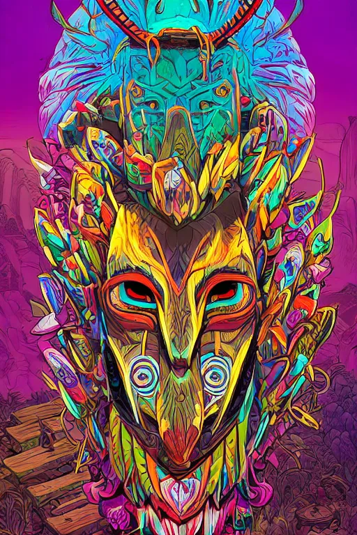 Image similar to totem animal tribal chaman vodoo mask feather gemstone plant video game illustration vivid color borderlands by josan gonzales and dan mumford radiating a glowing aura