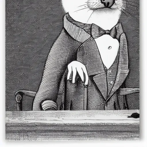 Image similar to a portrait of a jaunty gentleman ferret wearing a monocle by edward gorey