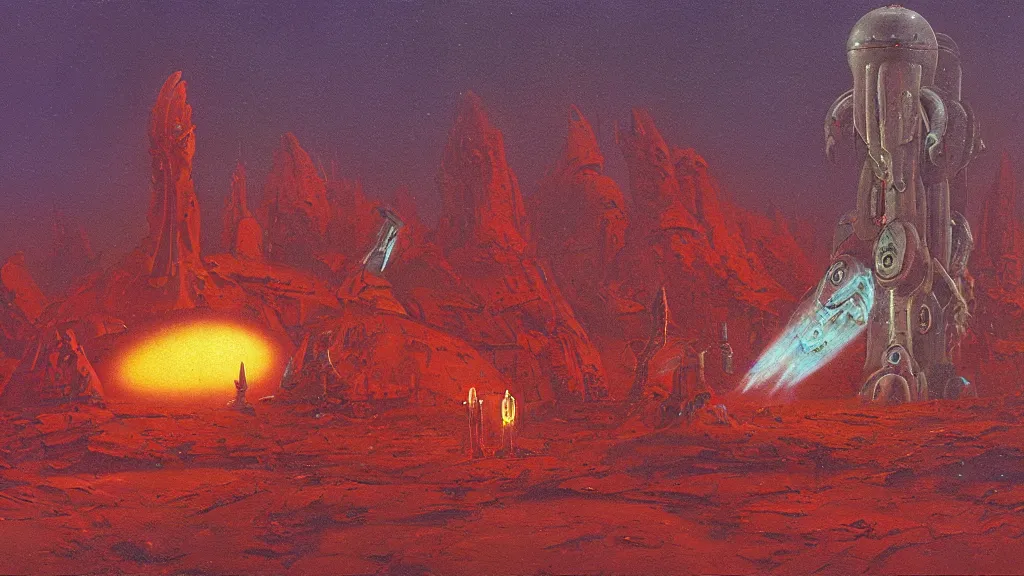 Image similar to mysterious whimsical sculpture of alien technology by paul lehr and john schoenherr and john harris, cinematic matte painting